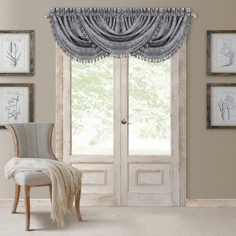 Elrene Home Fashions Antonia Floral Damask Waterfall Window Valance with Tassels, 52"x36", Silver - Image 1